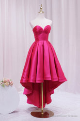 Hot Pink Satin High Low Prom Dress, Cute Sweetheart Neck Evening Party Dress